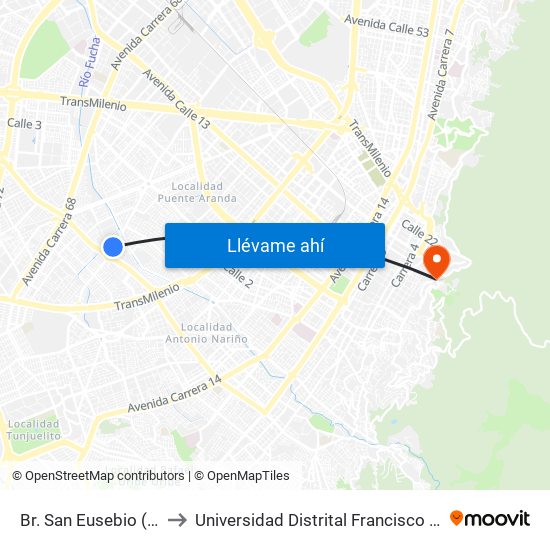Br. San Eusebio (Ak 50 - Cl 22 Sur) to Universidad Distrital Francisco José De Caldas - Sede Vivero map