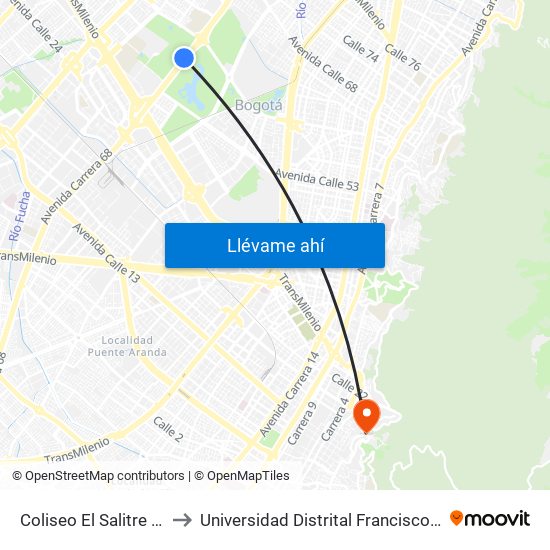 Coliseo El Salitre (Ak 68 - Ac 63) (A) to Universidad Distrital Francisco José De Caldas - Sede Vivero map