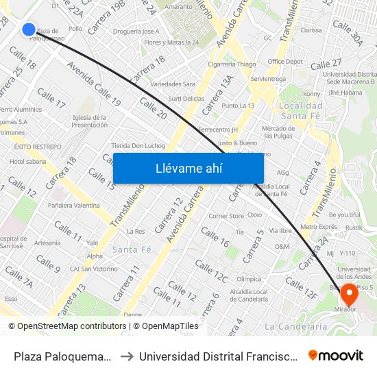 Plaza Paloquemao (Ac 19 - Kr 27) (A) to Universidad Distrital Francisco José De Caldas - Sede Vivero map