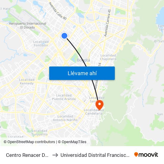Centro Renacer Dabs (Kr 77a - Cl 64j) to Universidad Distrital Francisco José De Caldas - Sede Vivero map