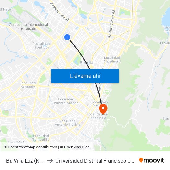 Br. Villa Luz (Kr 77a - Cl 65a) to Universidad Distrital Francisco José De Caldas - Sede Vivero map