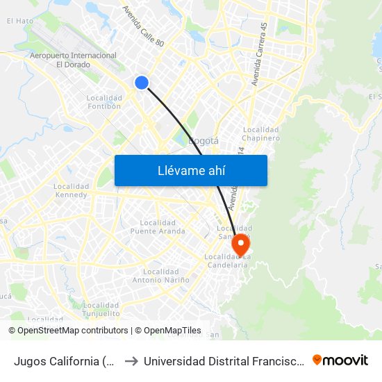 Jugos California (Av. C. De Cali - Ac 63) to Universidad Distrital Francisco José De Caldas - Sede Vivero map