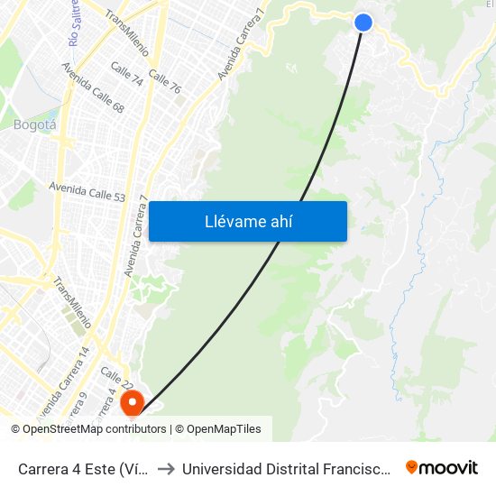 Carrera 4 Este (Vía La Calera Km 4,5) to Universidad Distrital Francisco José De Caldas - Sede Vivero map