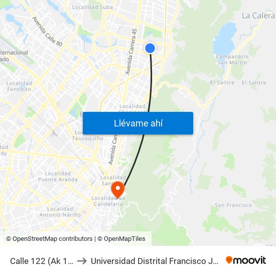 Calle 122 (Ak 15 - Cl 122) (A) to Universidad Distrital Francisco José De Caldas - Sede Vivero map