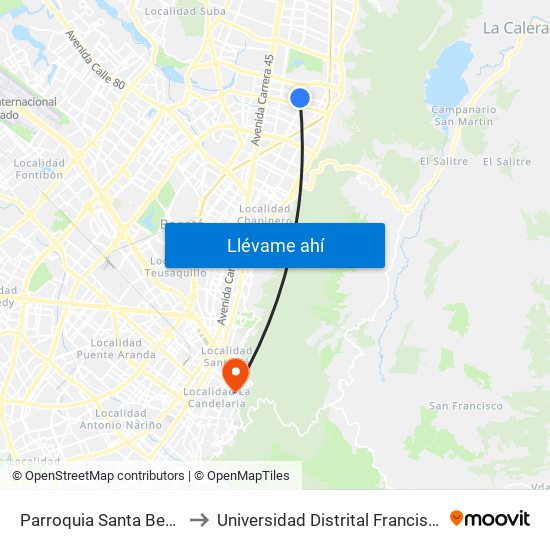 Parroquia Santa Beatriz (Ak 15 - Cl 119) (A) to Universidad Distrital Francisco José De Caldas - Sede Vivero map