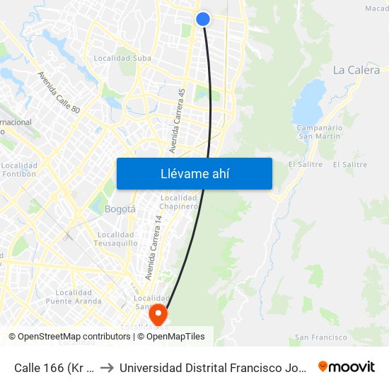 Calle 166 (Kr 20 - Cl 166) to Universidad Distrital Francisco José De Caldas - Sede Vivero map