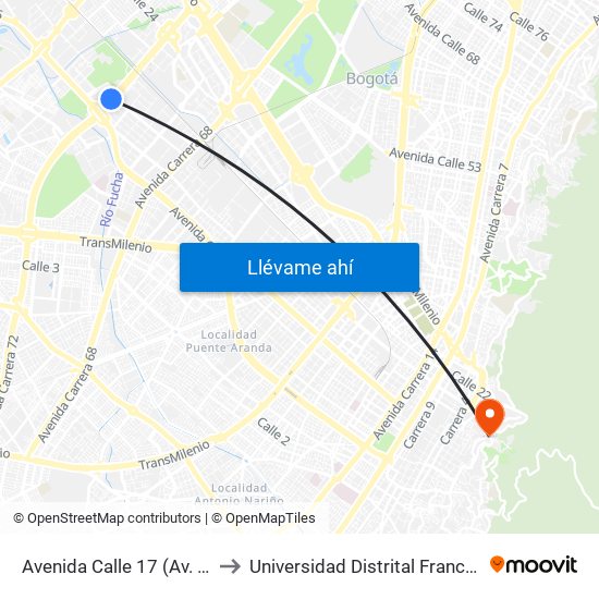 Avenida Calle 17 (Av. Boyacá - Av. Centenario) (A) to Universidad Distrital Francisco José De Caldas - Sede Vivero map