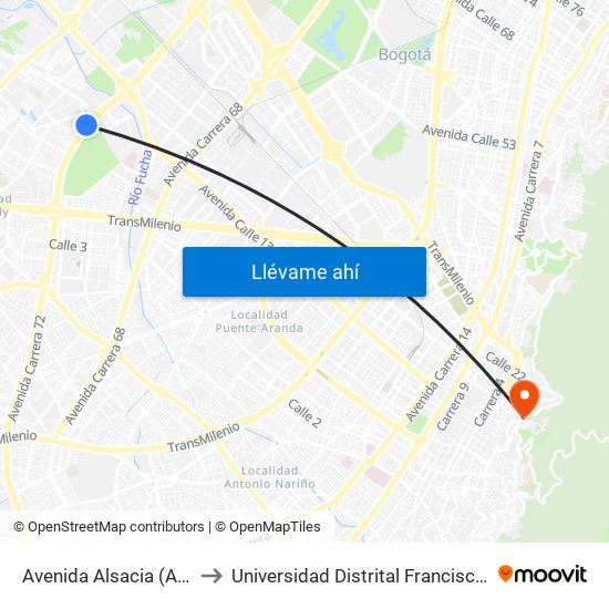 Avenida Alsacia (Av. Boyacá - Ac 12) (A) to Universidad Distrital Francisco José De Caldas - Sede Vivero map