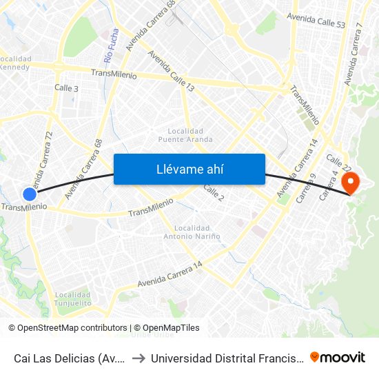 Cai Las Delicias (Av. Boyacá - Cl 43c Sur) (A) to Universidad Distrital Francisco José De Caldas - Sede Vivero map