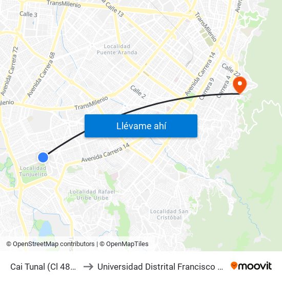 Cai Tunal (Cl 48b Sur - Kr 24) (A) to Universidad Distrital Francisco José De Caldas - Sede Vivero map