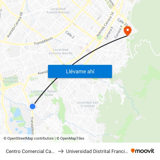 Centro Comercial Caracas (Cl 50a Sur - Kr 9) (A) to Universidad Distrital Francisco José De Caldas - Sede Vivero map