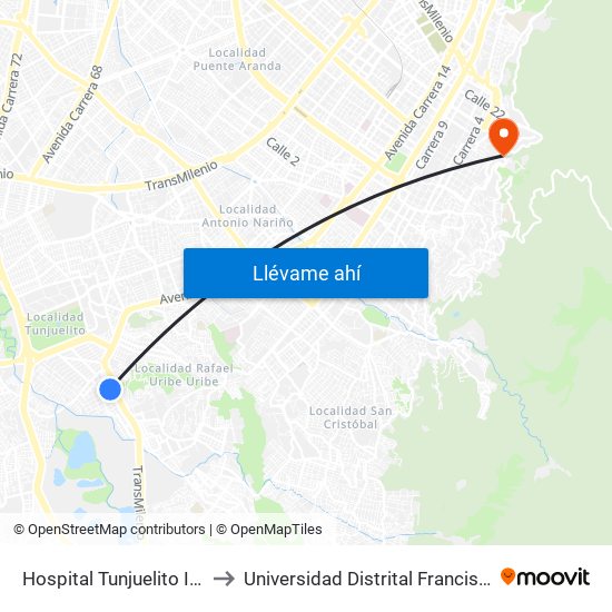 Hospital Tunjuelito II Nivel (Cl 52 Sur - Kr 14) to Universidad Distrital Francisco José De Caldas - Sede Vivero map