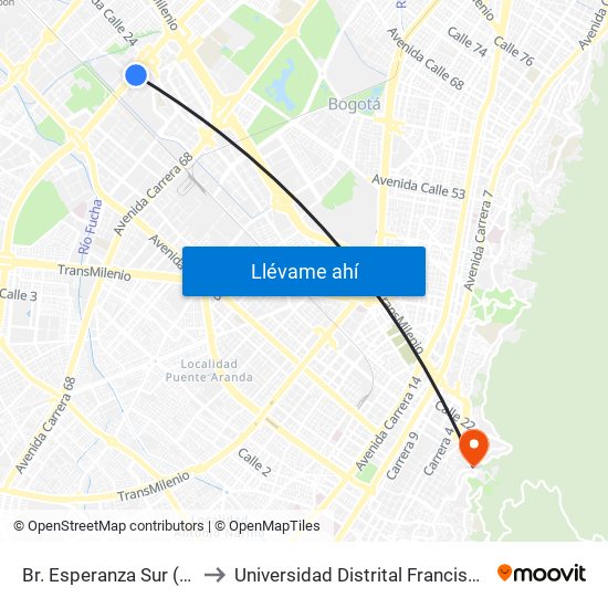 Br. Esperanza Sur (Av. Boyacá - Cl 23) (A) to Universidad Distrital Francisco José De Caldas - Sede Vivero map