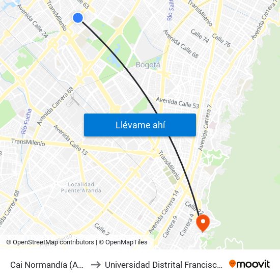 Cai Normandía (Av. Boyacá - Cl 52) (A) to Universidad Distrital Francisco José De Caldas - Sede Vivero map