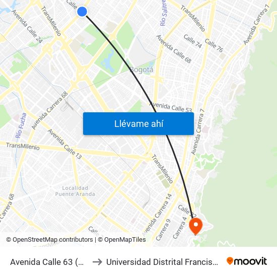 Avenida Calle 63 (Av. Boyacá - Ac 63) (A) to Universidad Distrital Francisco José De Caldas - Sede Vivero map