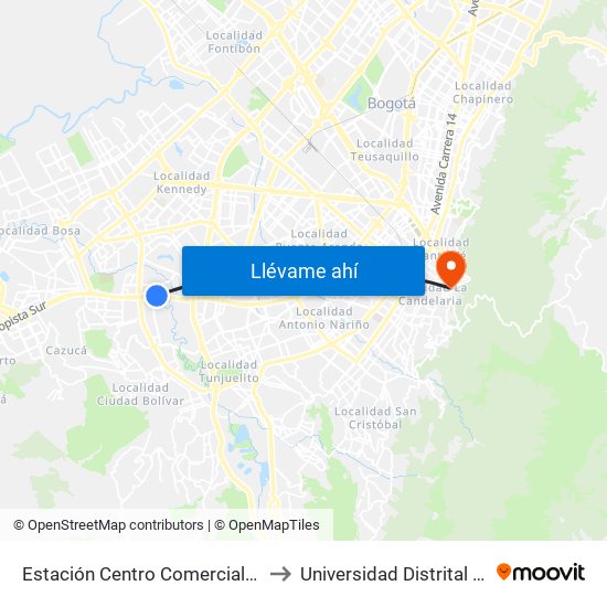 Estación Centro Comercial Paseo Villa Del Río - Madelena (Auto Sur - Kr 66a) to Universidad Distrital Francisco José De Caldas - Sede Vivero map