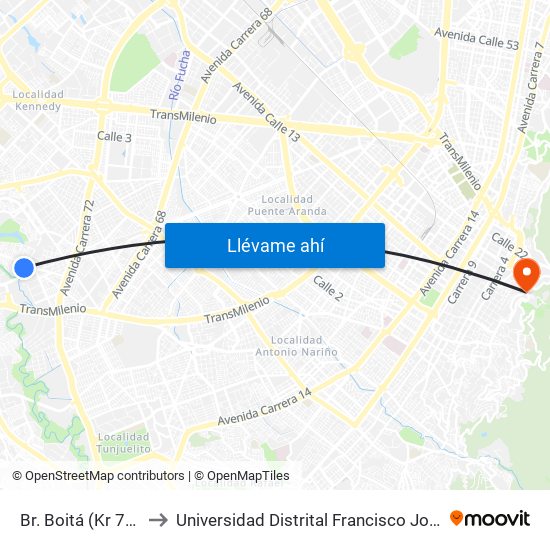Br. Boitá (Kr 72j - Cl 47 Sur) to Universidad Distrital Francisco José De Caldas - Sede Vivero map