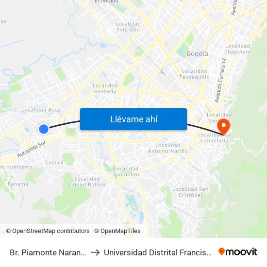 Br. Piamonte Naranjos (Kr 78c - Cl 70 Sur) to Universidad Distrital Francisco José De Caldas - Sede Vivero map