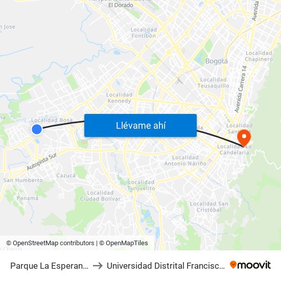 Parque La Esperanza (Kr 80j - Cl 75 Sur) to Universidad Distrital Francisco José De Caldas - Sede Vivero map