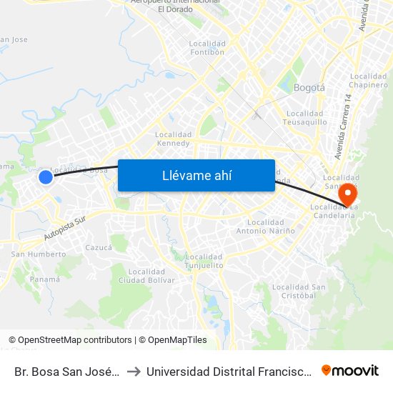 Br. Bosa San José (Kr 80i - Cl 85b Sur) to Universidad Distrital Francisco José De Caldas - Sede Vivero map
