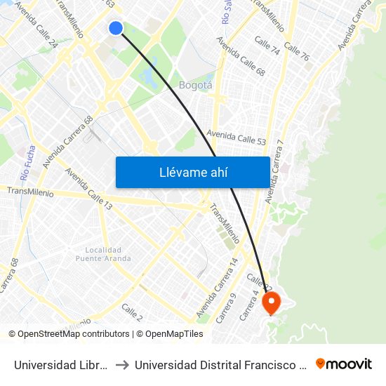 Universidad Libre (Ak 70 - Ac 53) to Universidad Distrital Francisco José De Caldas - Sede Vivero map