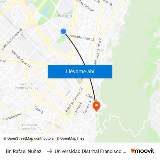 Br. Rafael Nuñez (Ac 53 - Ak 45) to Universidad Distrital Francisco José De Caldas - Sede Vivero map