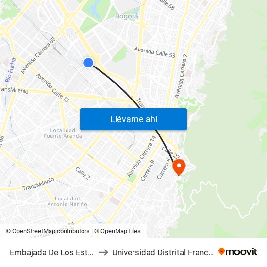 Embajada De Los Estados Unidos (Ak 50 - Cl 24b) to Universidad Distrital Francisco José De Caldas - Sede Vivero map