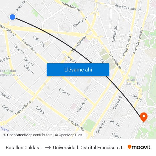 Batallón Caldas (Ak 50 - Ac 17) to Universidad Distrital Francisco José De Caldas - Sede Vivero map