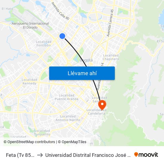 Feta (Tv 85 - Cl 64a) to Universidad Distrital Francisco José De Caldas - Sede Vivero map