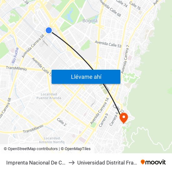 Imprenta Nacional De Colombia (Ak 68 - Av. Esperanza) (A) to Universidad Distrital Francisco José De Caldas - Sede Vivero map