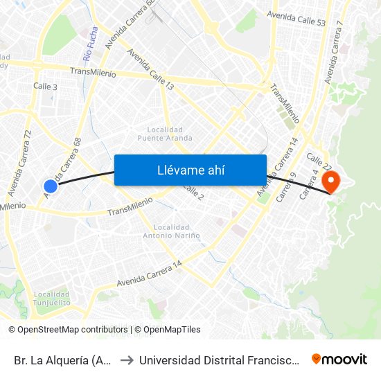 Br. La Alquería (Ak 68 - Cl 40 Sur) (A) to Universidad Distrital Francisco José De Caldas - Sede Vivero map