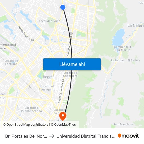 Br. Portales Del Norte (Av. Boyacá - Cl 163) to Universidad Distrital Francisco José De Caldas - Sede Vivero map