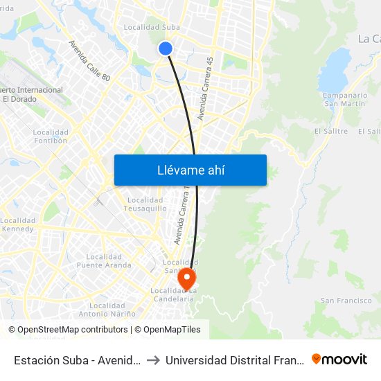 Estación Suba - Avenida Boyacá (Av. Boyacá - Cl 128a) to Universidad Distrital Francisco José De Caldas - Sede Vivero map