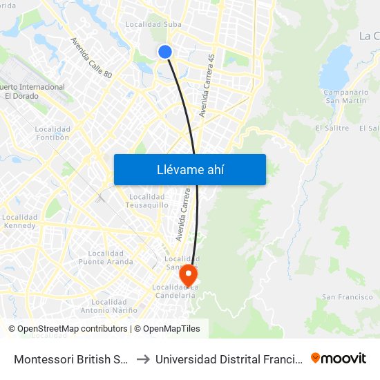 Montessori British School (Av. Boyacá - Cl 128) to Universidad Distrital Francisco José De Caldas - Sede Vivero map