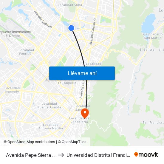 Avenida Pepe Sierra (Av. Boyacá - Cl 116a) (A) to Universidad Distrital Francisco José De Caldas - Sede Vivero map