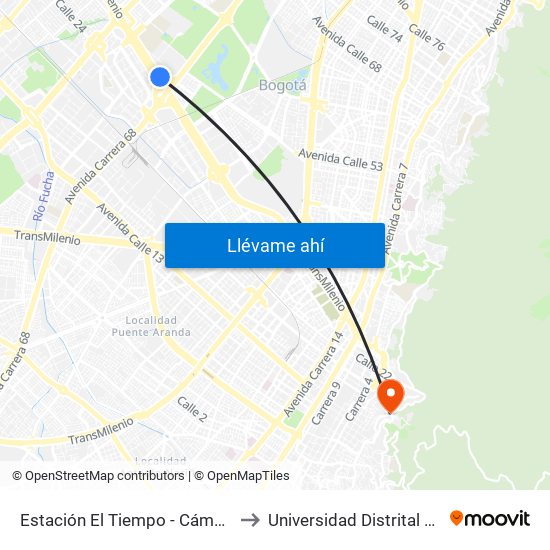 Estación El Tiempo - Cámara De Comercio De Bogotá (Ac 26 - Kr 68b Bis) to Universidad Distrital Francisco José De Caldas - Sede Vivero map