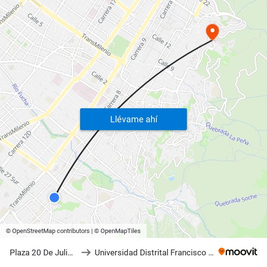 Plaza 20 De Julio (Kr 6 - Cl 24 Sur) to Universidad Distrital Francisco José De Caldas - Sede Vivero map