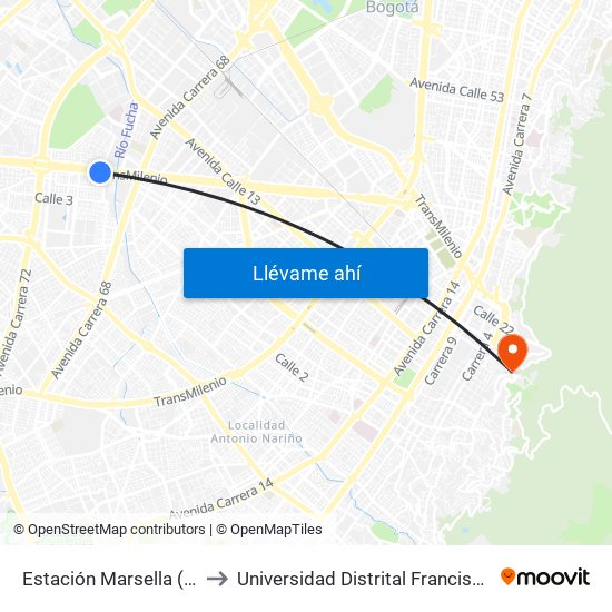 Estación Marsella (Av. Américas - Kr 69b) to Universidad Distrital Francisco José De Caldas - Sede Vivero map