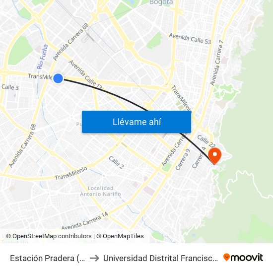 Estación Pradera (Av. Américas - Kr 65) to Universidad Distrital Francisco José De Caldas - Sede Vivero map