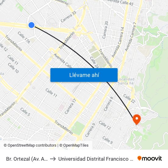 Br. Ortezal (Av. Américas - Tv 39) to Universidad Distrital Francisco José De Caldas - Sede Vivero map