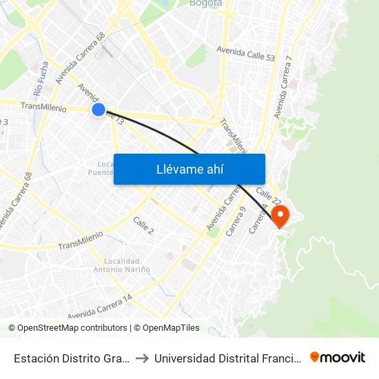 Estación Distrito Grafiti (Av. Américas - Kr 53a) to Universidad Distrital Francisco José De Caldas - Sede Vivero map