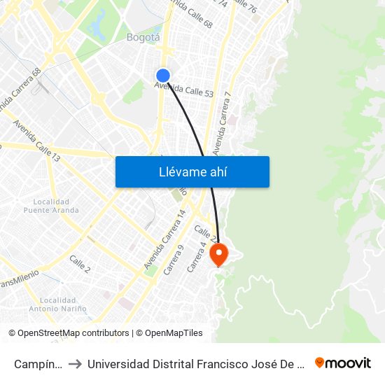 Campín - Uan to Universidad Distrital Francisco José De Caldas - Sede Vivero map
