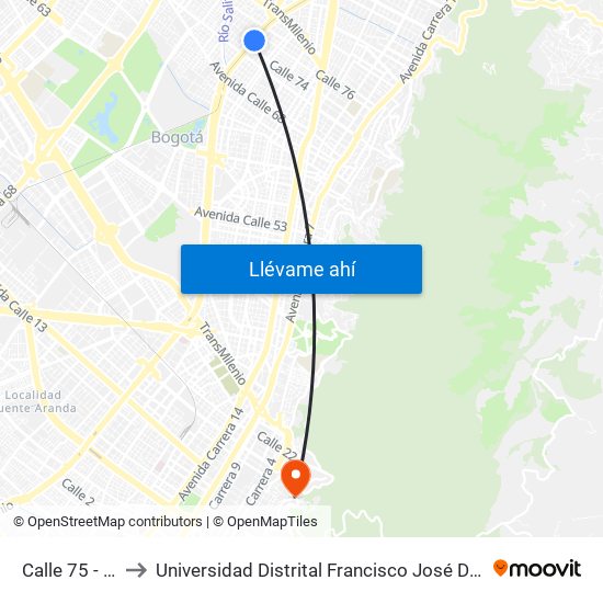 Calle 75 - Zona M to Universidad Distrital Francisco José De Caldas - Sede Vivero map