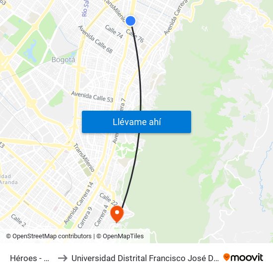 Héroes - Gel'Hada to Universidad Distrital Francisco José De Caldas - Sede Vivero map