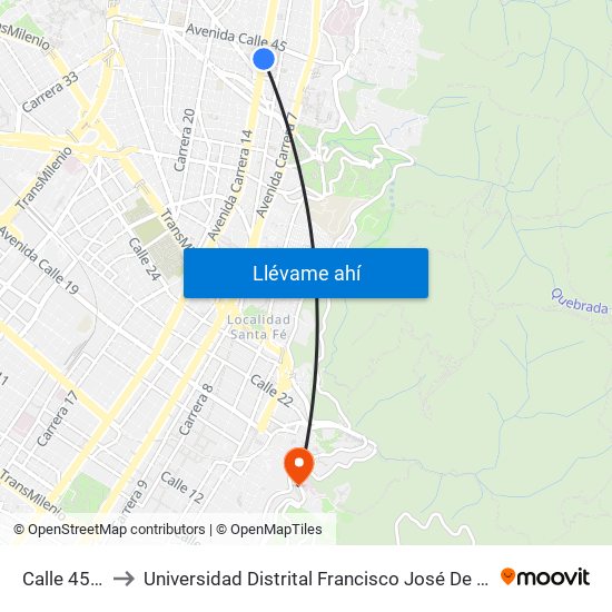 Calle 45 - Asw to Universidad Distrital Francisco José De Caldas - Sede Vivero map