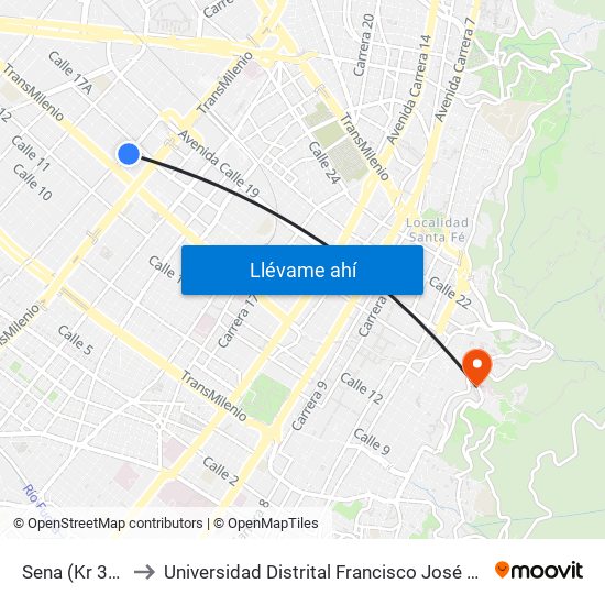 Sena (Kr 32 - Cl 15) to Universidad Distrital Francisco José De Caldas - Sede Vivero map