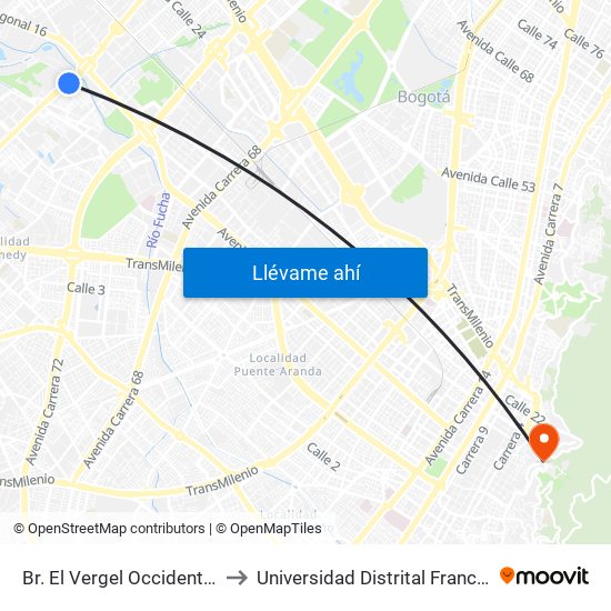 Br. El Vergel Occidental (Av. C. De Cali - Cl 15a) (A) to Universidad Distrital Francisco José De Caldas - Sede Vivero map