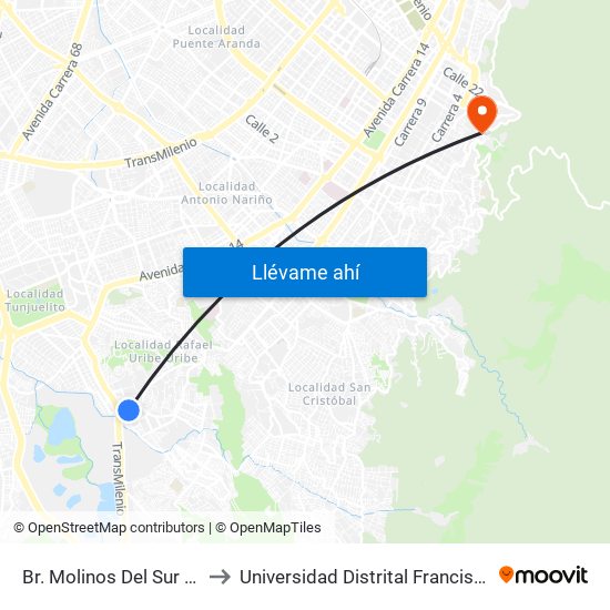 Br. Molinos Del Sur (Dg 49g Bis Sur - Kr 5z) to Universidad Distrital Francisco José De Caldas - Sede Vivero map