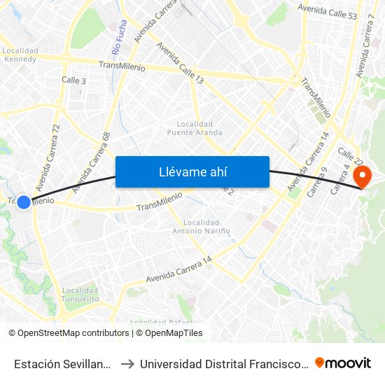 Estación Sevillana (Auto Sur - Kr 57) to Universidad Distrital Francisco José De Caldas - Sede Vivero map