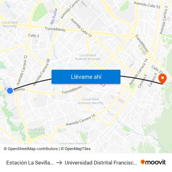 Estación La Sevillana (Auto Sur - Kr 60) to Universidad Distrital Francisco José De Caldas - Sede Vivero map